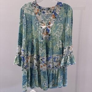 Entro Womens Tiered Boho Tunic Top Blue Green Floral Size S